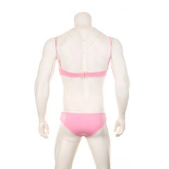 pink lace Good Boy bralette and brief set product flat lay, floral lace fabric, stretch trim bralette, cheeky lace brief – pridevoyageshop.com – gay men’s harness, lingerie and fetish wear