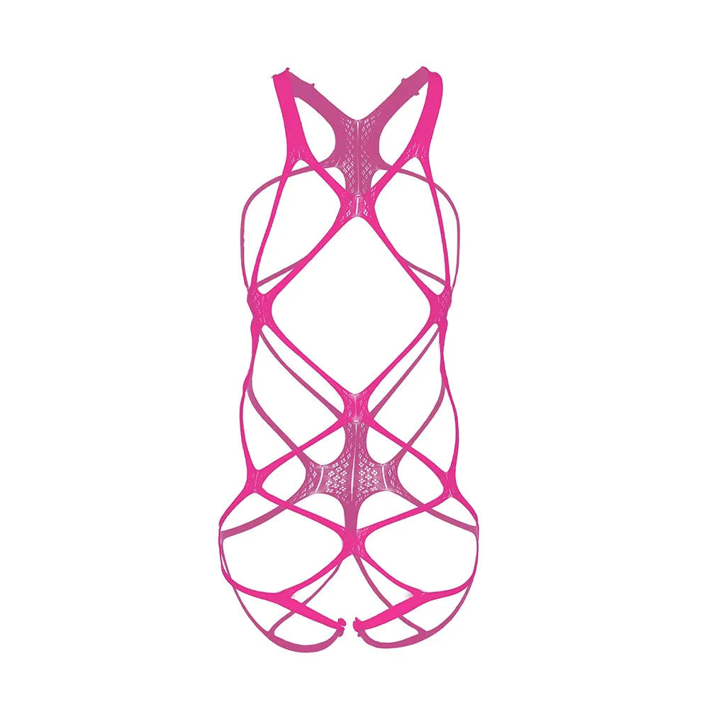 pink strap cut-out bodysuit flat lay with open chest and thong back – pridevoyageshop.com – gay men’s harness, lingerie and fetish wear