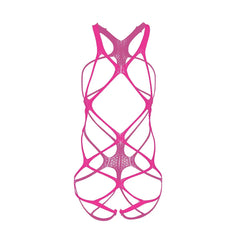 pink strap cut-out bodysuit flat lay with open chest and thong back – pridevoyageshop.com – gay men’s harness, lingerie and fetish wear
