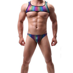 sexy gay man in Mens Rainbow Harness-Crop Top + Briefs | Gay Harness- pridevoyageshop.com - gay men’s harness, lingerie and fetish wear