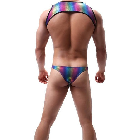 sexy gay man in Mens Rainbow Harness-Crop Top + Briefs | Gay Harness- pridevoyageshop.com - gay men’s harness, lingerie and fetish wear