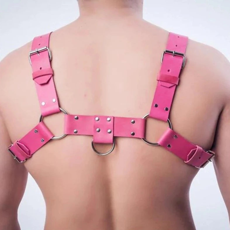 back details of Pink Leather Chest Harness: Gay Lingerie and Night Club Wear- pridevoyageshop.com - gay men’s harness, lingerie and fetish wear