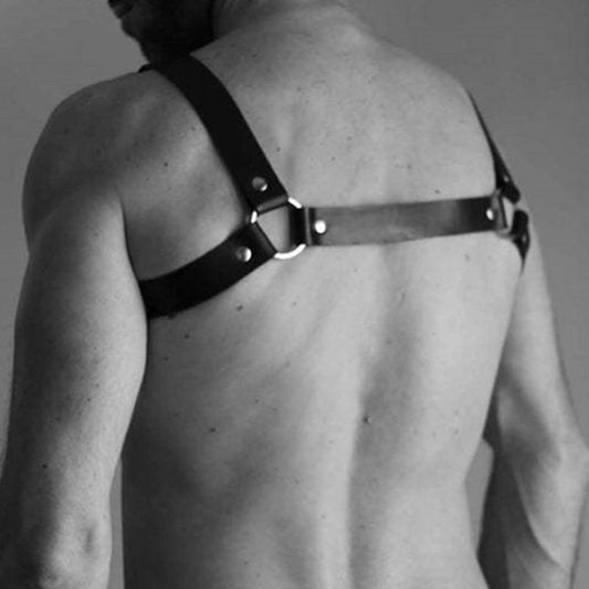 sexy gay man in Dual Strap Faux Leather Harness | Gay Harness- pridevoyageshop.com - gay men’s harness, lingerie and fetish wear