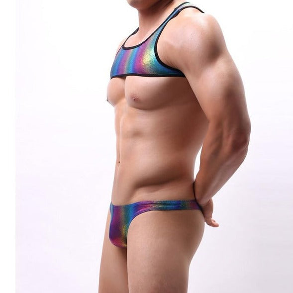sexy gay man in Mens Rainbow Harness-Crop Top + Briefs | Gay Harness- pridevoyageshop.com - gay men’s harness, lingerie and fetish wear