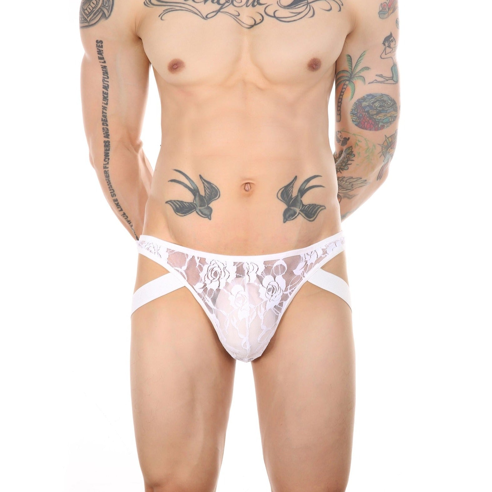 a sexy gay man in white Men's Lace Briefs with Leg Strap - pridevoyageshop.com - gay men’s underwear and swimwear