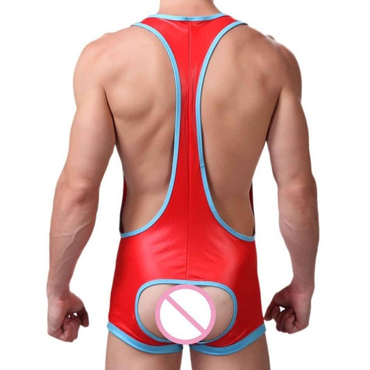 sexy gay man in red Gay Singlet and Bodysuit | Kinky Open Butt PU Leather Singlet - Men's Singlets, Bodysuits, Rompers & Jumpsuits - pridevoyageshop.com