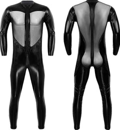Gay Bodysuit and Singlet | Kinky PVC Leather Mesh Bodysuit - Men's Singlets, Bodysuits, Leotard & Unitard - pridevoyageshop.com