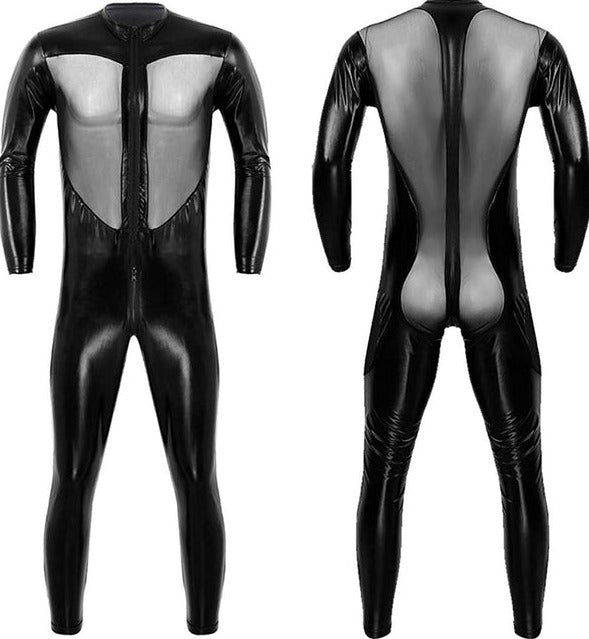 Gay Bodysuit and Singlet | Kinky PVC Leather Mesh Bodysuit - Men's Singlets, Bodysuits, Leotard & Unitard - pridevoyageshop.com