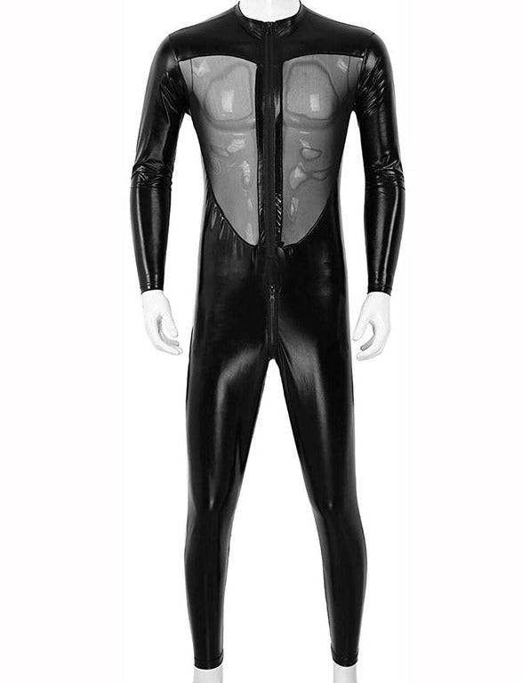 Gay Bodysuit and Singlet | Kinky PVC Leather Mesh Bodysuit - Men's Singlets, Bodysuits, Leotard & Unitard - pridevoyageshop.com