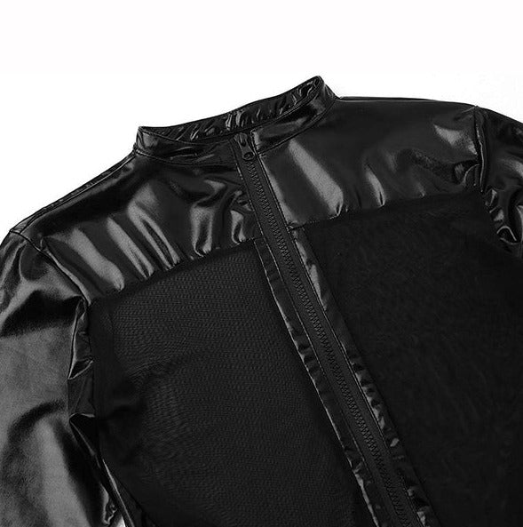 Gay Bodysuit and Singlet | Kinky PVC Leather Mesh Bodysuit - Men's Singlets, Bodysuits, Leotard & Unitard - pridevoyageshop.com