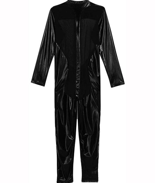 Gay Bodysuit and Singlet | Kinky PVC Leather Mesh Bodysuit - Men's Singlets, Bodysuits, Leotard & Unitard - pridevoyageshop.com