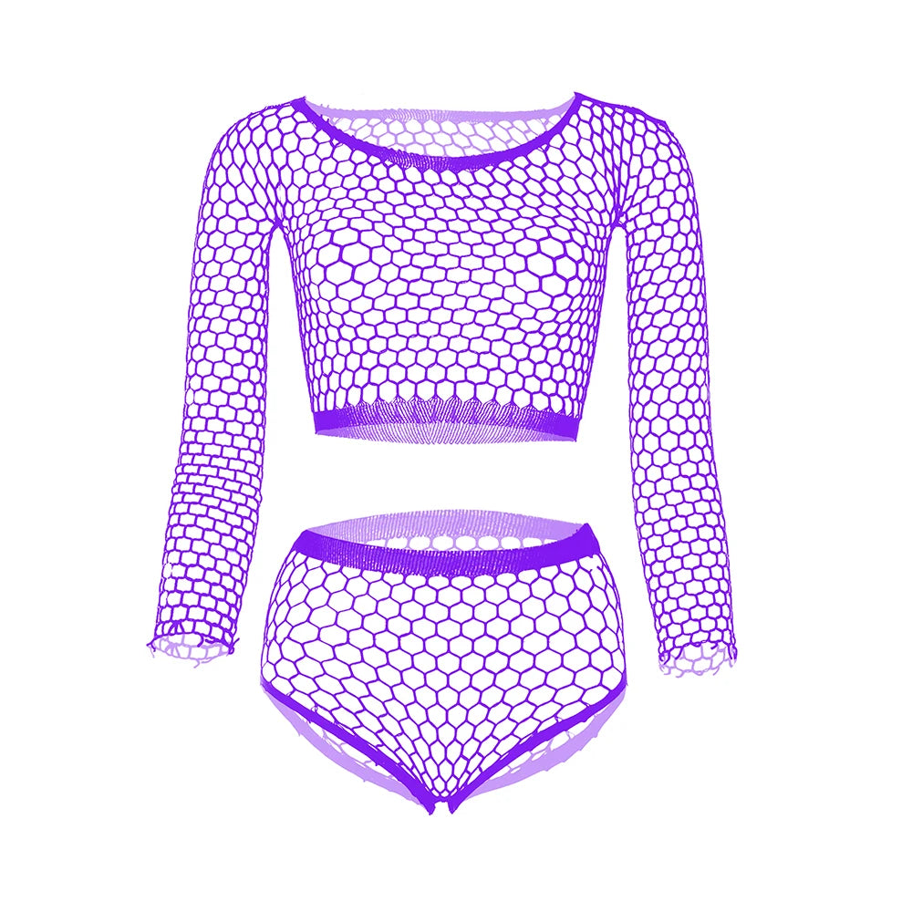 purple hex net lingerie set geometric mesh flat lay – pridevoyageshop.com – gay men’s harness, lingerie and fetish wear