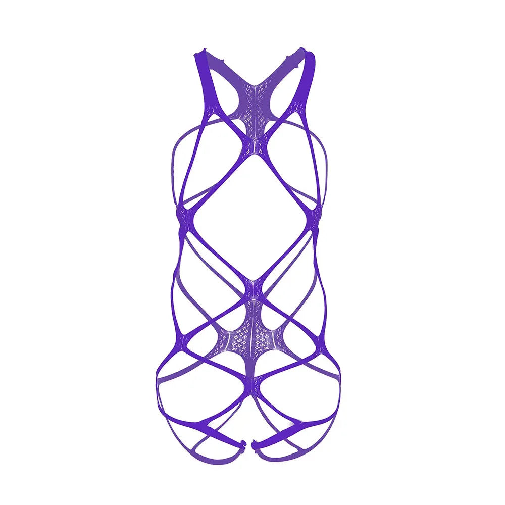 purple strappy cut-out bodysuit flat lay with high-cut legs and open front straps – pridevoyageshop.com – gay men’s harness, lingerie and fetish wear