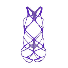 purple strappy cut-out bodysuit flat lay with high-cut legs and open front straps – pridevoyageshop.com – gay men’s harness, lingerie and fetish wear