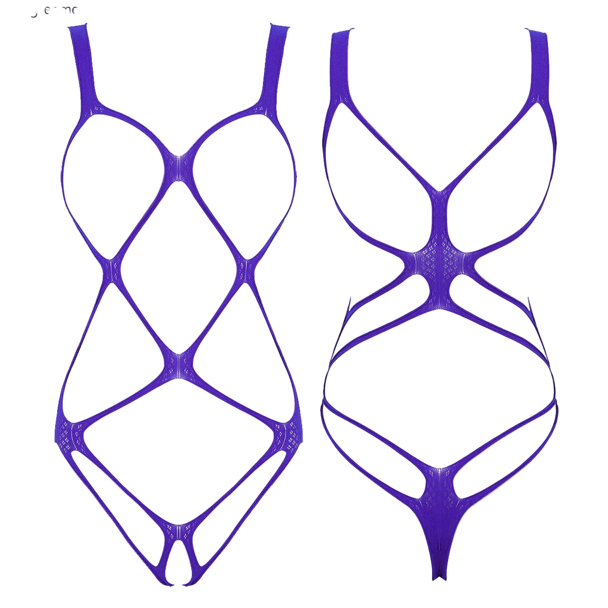 purple web-mesh cut-out bodysuit flat lay, stretchy mesh and strappy design – pridevoyageshop.com – gay men’s harness, lingerie and fetish wear