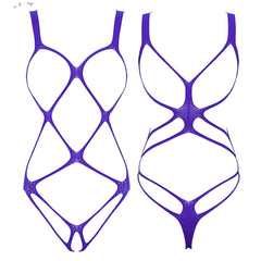 purple web-mesh cut-out bodysuit flat lay, stretchy mesh and strappy design – pridevoyageshop.com – gay men’s harness, lingerie and fetish wear