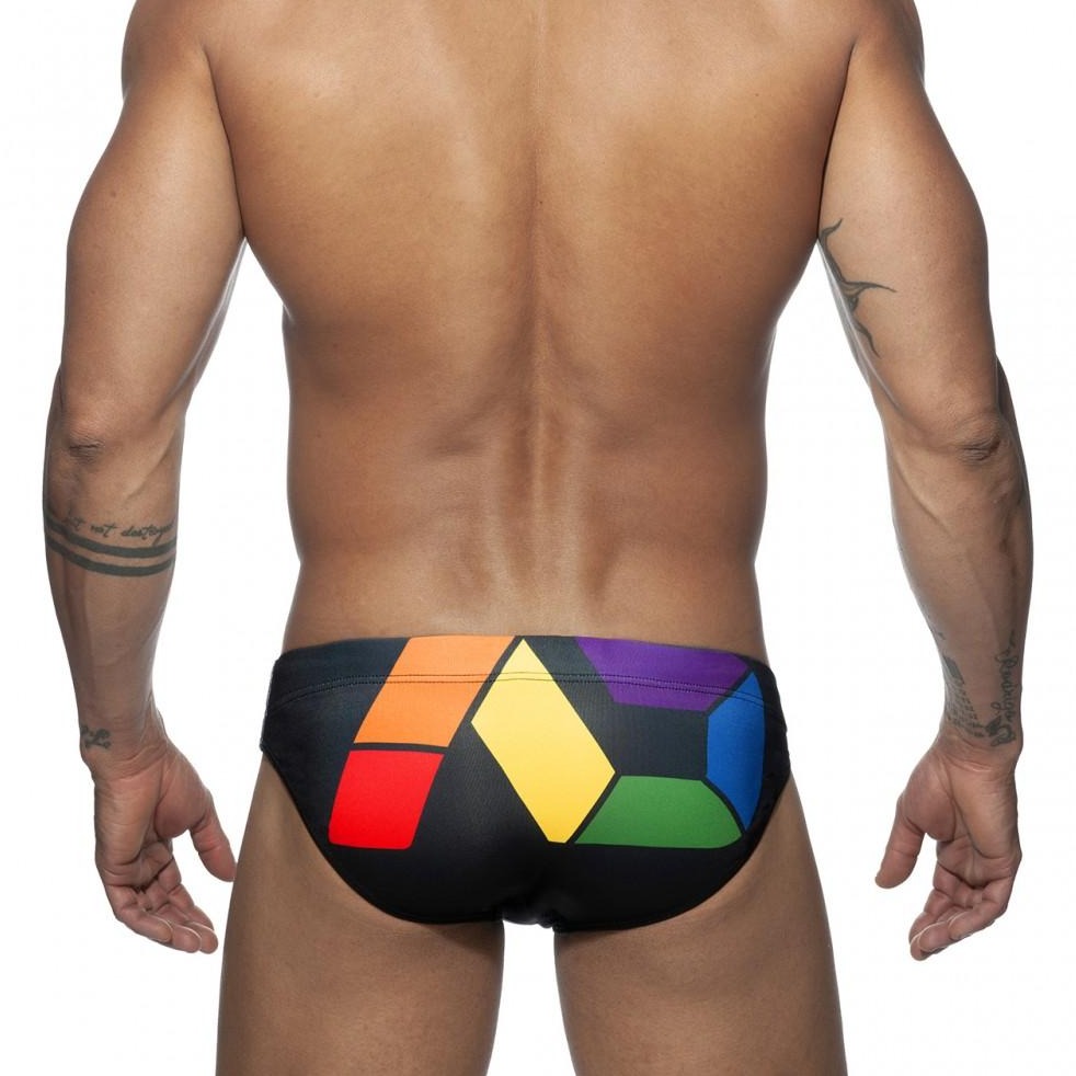 hot gay man in black Gay Swimwear | Gay Men's Rainbow Geometric Swim Briefs- pridevoyageshop.com - gay men’s underwear and swimwear