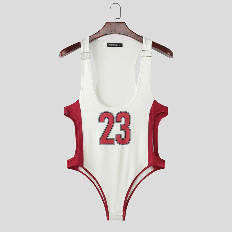 red Jock Fantasy Jersey Bodysuit flat lay with sporty mesh front and jock-back bottom – pridevoyageshop.com – gay men’s harness, lingerie and fetish wear