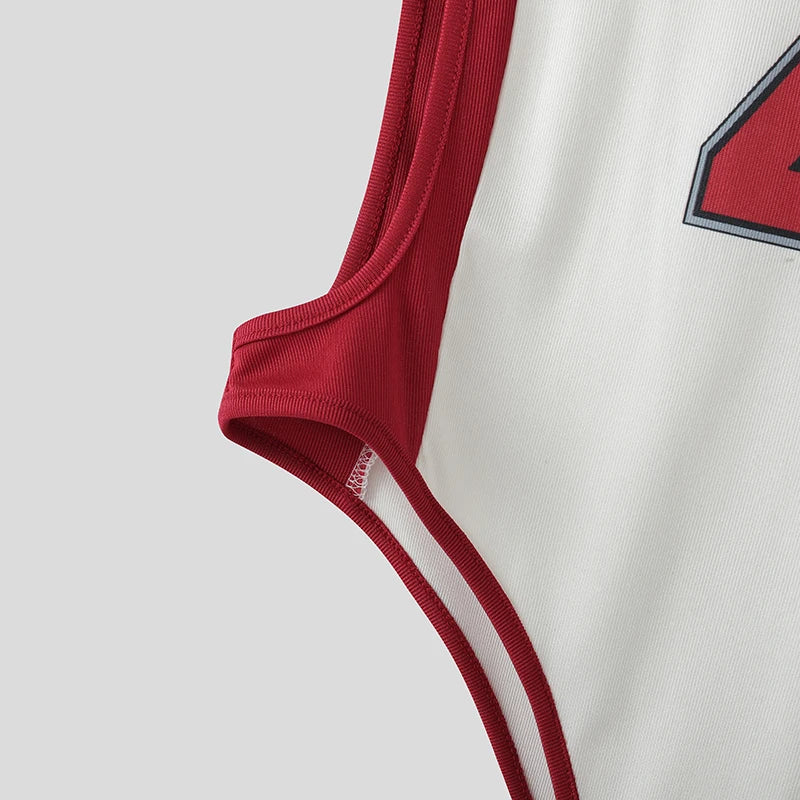 red Jock Fantasy Jersey Bodysuit flat lay with sporty mesh front and jock-back bottom – pridevoyageshop.com – gay men’s harness, lingerie and fetish wear