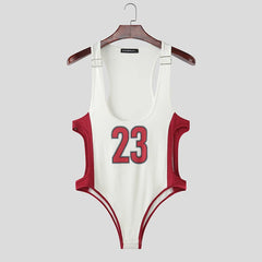 red Jock Fantasy Jersey Bodysuit flat lay with sporty mesh front and jock-back bottom – pridevoyageshop.com – gay men’s harness, lingerie and fetish wear