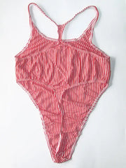 red and white stripe thong bodysuit flat lay, athletic stripe, high-cut cheeky fit – pridevoyageshop.com – gay men’s harness, lingerie and fetish wear