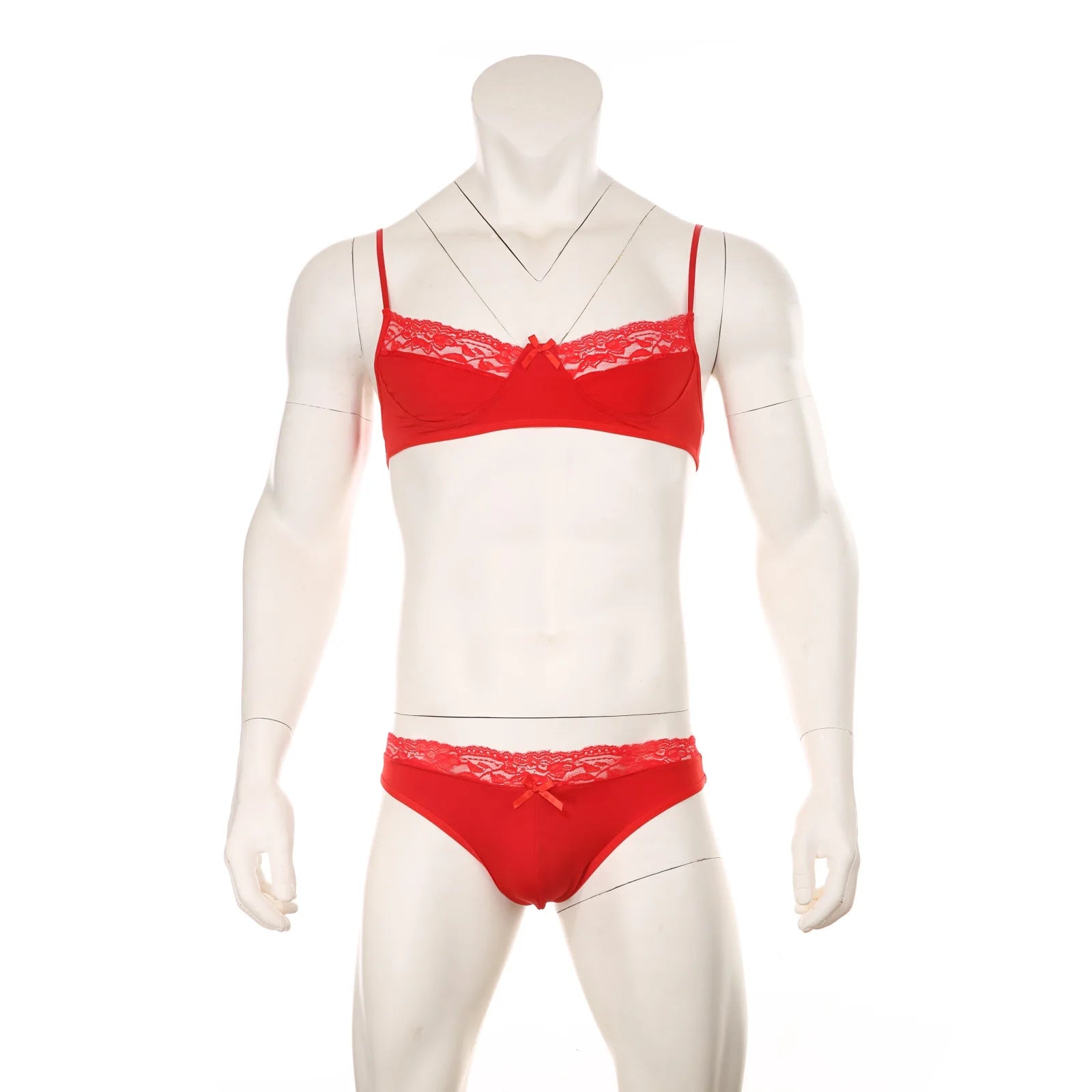 red lace Good Boy bralette and brief set laid flat, sheer sexy lace, soft cup bralette, low-rise lace brief – pridevoyageshop.com – gay men’s harness, lingerie and fetish wear