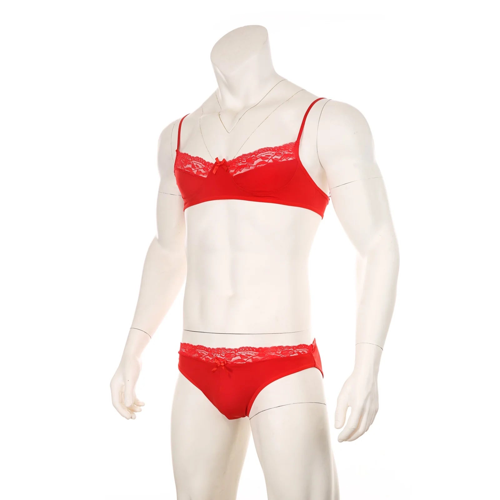 red lace Good Boy bralette and brief set laid flat, sheer sexy lace, soft cup bralette, low-rise lace brief – pridevoyageshop.com – gay men’s harness, lingerie and fetish wear