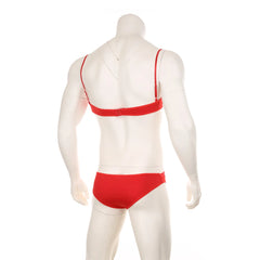 red lace Good Boy bralette and brief set laid flat, sheer sexy lace, soft cup bralette, low-rise lace brief – pridevoyageshop.com – gay men’s harness, lingerie and fetish wear