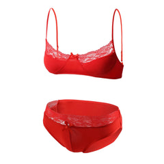 red lace Good Boy bralette and brief set laid flat, sheer sexy lace, soft cup bralette, low-rise lace brief – pridevoyageshop.com – gay men’s harness, lingerie and fetish wear