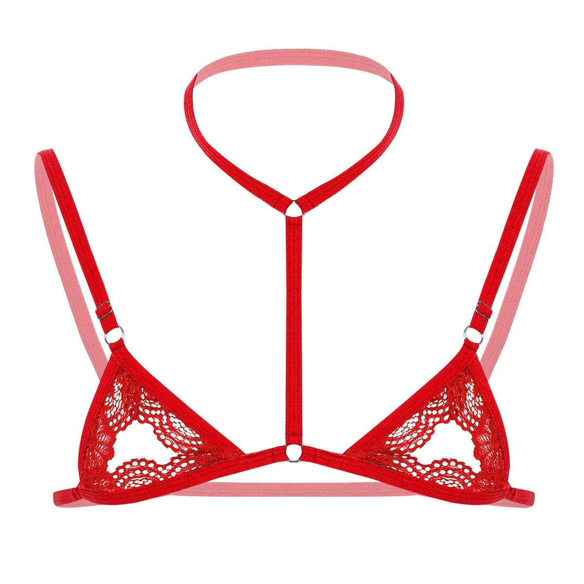 red lace T-bar collar bralette flat lay, sheer lace cups with nipple peek cutouts – pridevoyageshop.com – gay men’s harness, lingerie and fetish wear