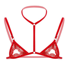 red lace T-bar collar bralette flat lay, sheer lace cups with nipple peek cutouts – pridevoyageshop.com – gay men’s harness, lingerie and fetish wear