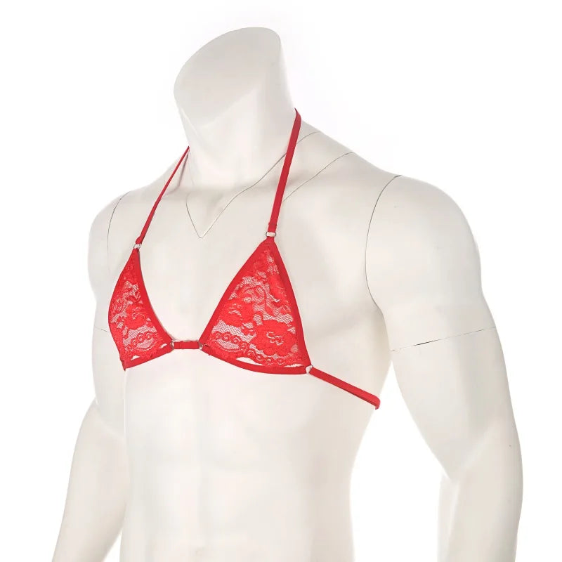 red lace floating-band halter bralette flat lay, sheer lace cups and floating chest strap – pridevoyageshop.com – gay men’s harness, lingerie and fetish wear