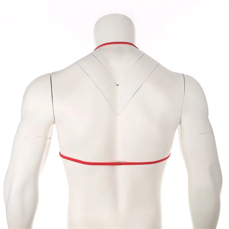 red lace floating-band halter bralette flat lay, sheer lace cups and floating chest strap – pridevoyageshop.com – gay men’s harness, lingerie and fetish wear