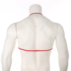 red lace floating-band halter bralette flat lay, sheer lace cups and floating chest strap – pridevoyageshop.com – gay men’s harness, lingerie and fetish wear