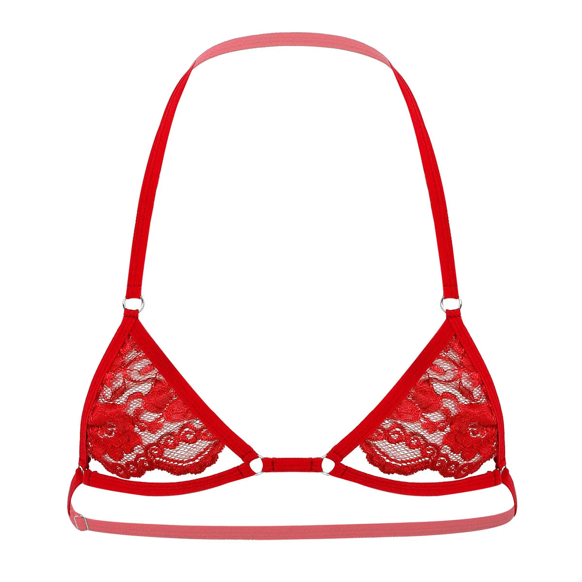 red lace floating-band halter bralette flat lay, sheer lace cups and floating chest strap – pridevoyageshop.com – gay men’s harness, lingerie and fetish wear