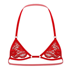 red lace floating-band halter bralette flat lay, sheer lace cups and floating chest strap – pridevoyageshop.com – gay men’s harness, lingerie and fetish wear