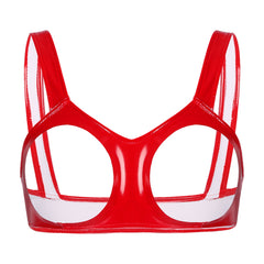 red vinyl harness flat lay with glossy finish and buckle straps – pridevoyageshop.com – gay men’s harness, lingerie and fetish wear
