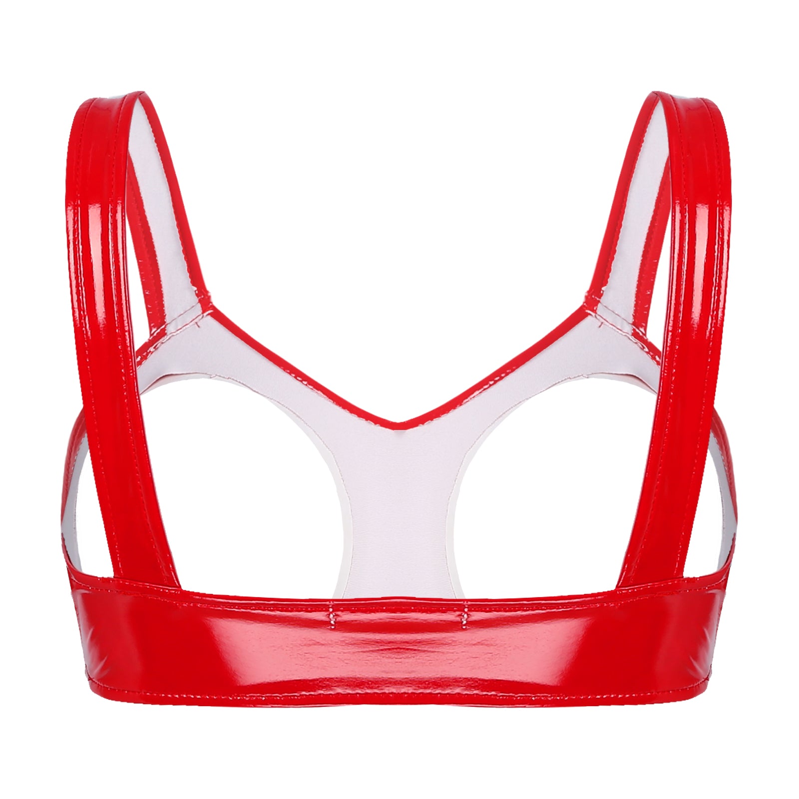 red vinyl harness flat lay with glossy finish and buckle straps – pridevoyageshop.com – gay men’s harness, lingerie and fetish wear