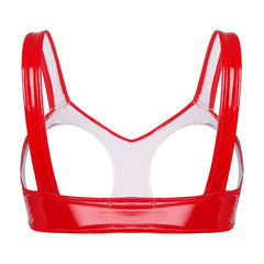 red vinyl harness flat lay with glossy finish and buckle straps – pridevoyageshop.com – gay men’s harness, lingerie and fetish wear