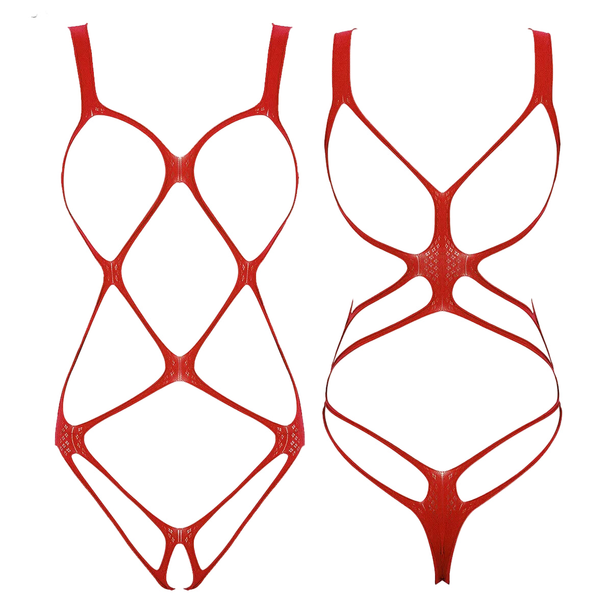 red web-mesh cut-out bodysuit flat lay, bold fetish mesh pattern – pridevoyageshop.com – gay men’s harness, lingerie and fetish wear