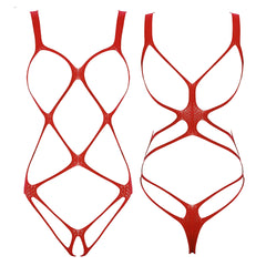 red web-mesh cut-out bodysuit flat lay, bold fetish mesh pattern – pridevoyageshop.com – gay men’s harness, lingerie and fetish wear