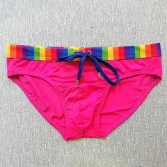 rose red Men’s Pride Patrol Rainbow Band Swim Briefs - pridevoyageshop.com - gay men’s sexy swim briefs, trunks, board shorts, and bikinis
