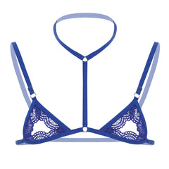 sapphire lace T-bar collar bralette flat lay, sheer lace cups with nipple peek and T strap – pridevoyageshop.com – gay men’s harness, lingerie and fetish wear