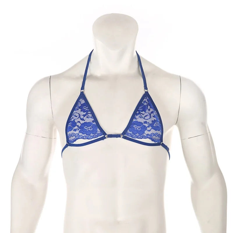 sapphire lace floating-band halter bralette flat lay, sheer lace cups and chest strap – pridevoyageshop.com – gay men’s harness, lingerie and fetish wear