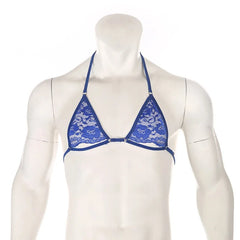 sapphire lace floating-band halter bralette flat lay, sheer lace cups and chest strap – pridevoyageshop.com – gay men’s harness, lingerie and fetish wear
