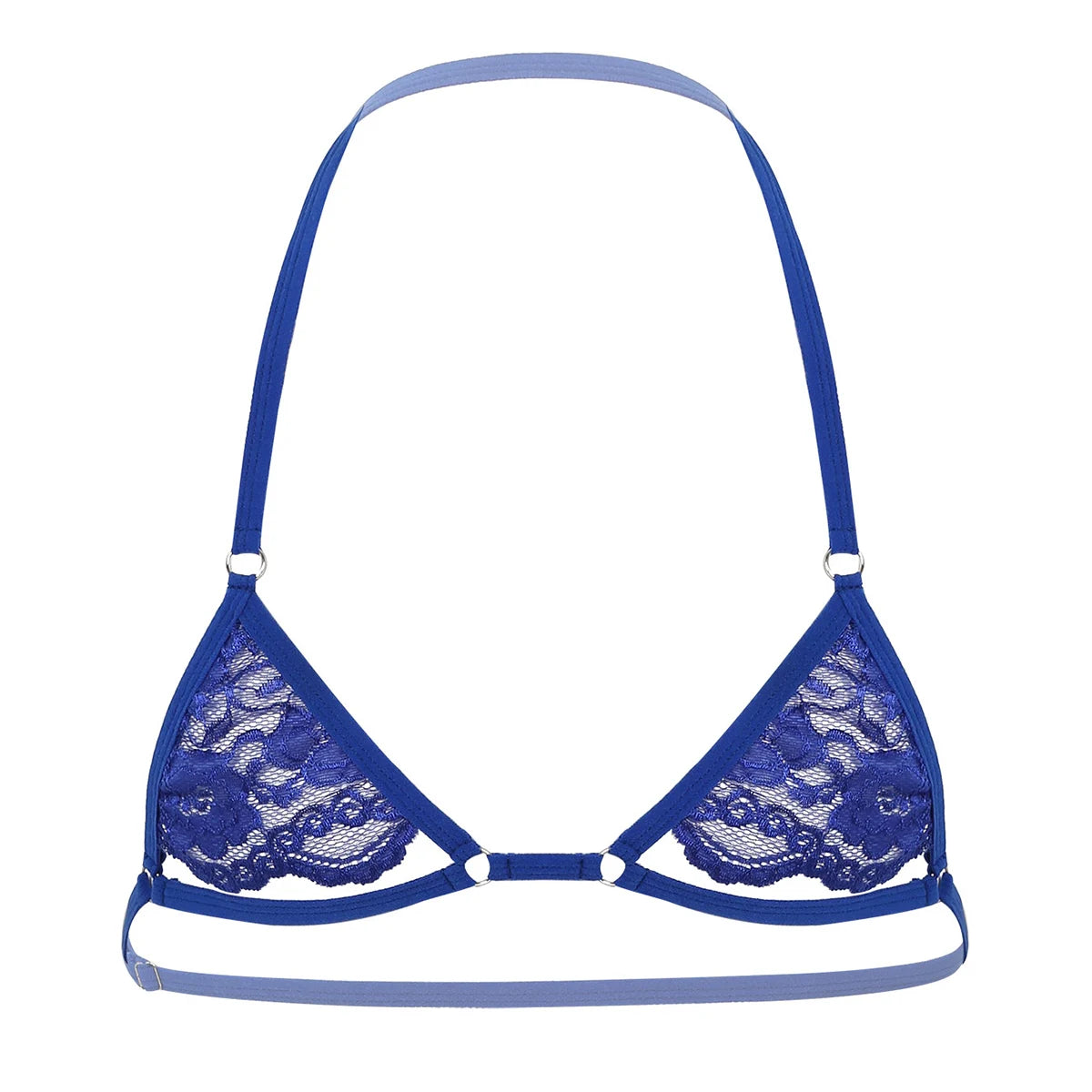sapphire lace floating-band halter bralette flat lay, sheer lace cups and chest strap – pridevoyageshop.com – gay men’s harness, lingerie and fetish wear