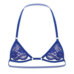 sapphire lace floating-band halter bralette flat lay, sheer lace cups and chest strap – pridevoyageshop.com – gay men’s harness, lingerie and fetish wear