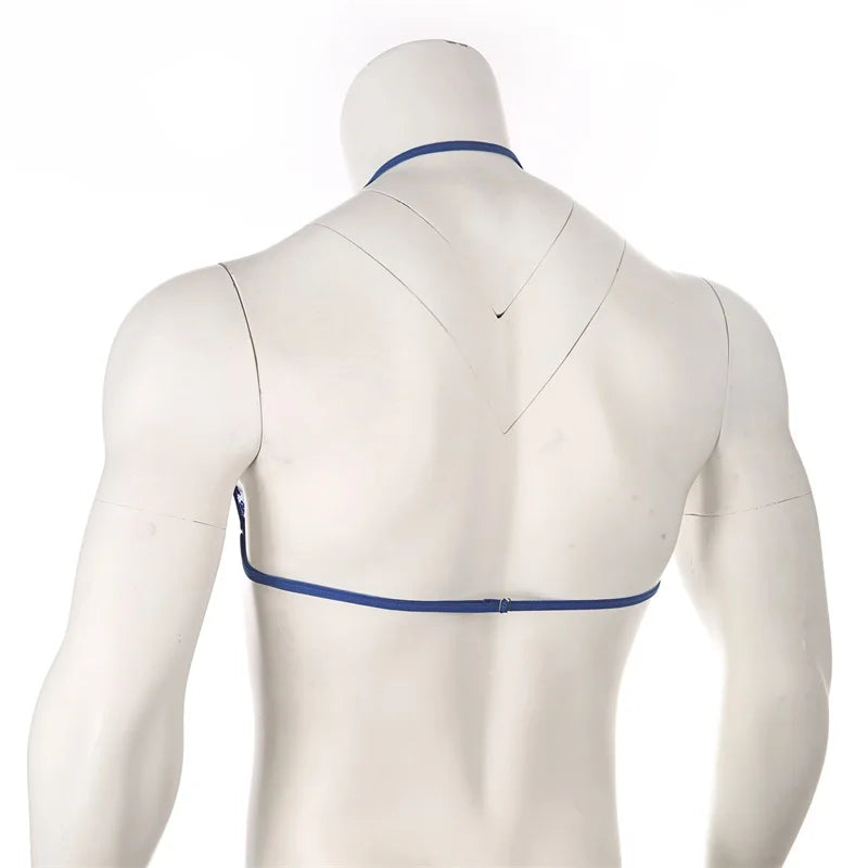sapphire lace floating-band halter bralette flat lay, sheer lace cups and chest strap – pridevoyageshop.com – gay men’s harness, lingerie and fetish wear