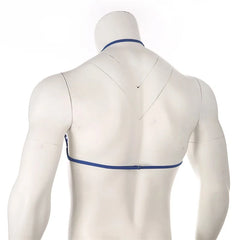 sapphire lace floating-band halter bralette flat lay, sheer lace cups and chest strap – pridevoyageshop.com – gay men’s harness, lingerie and fetish wear