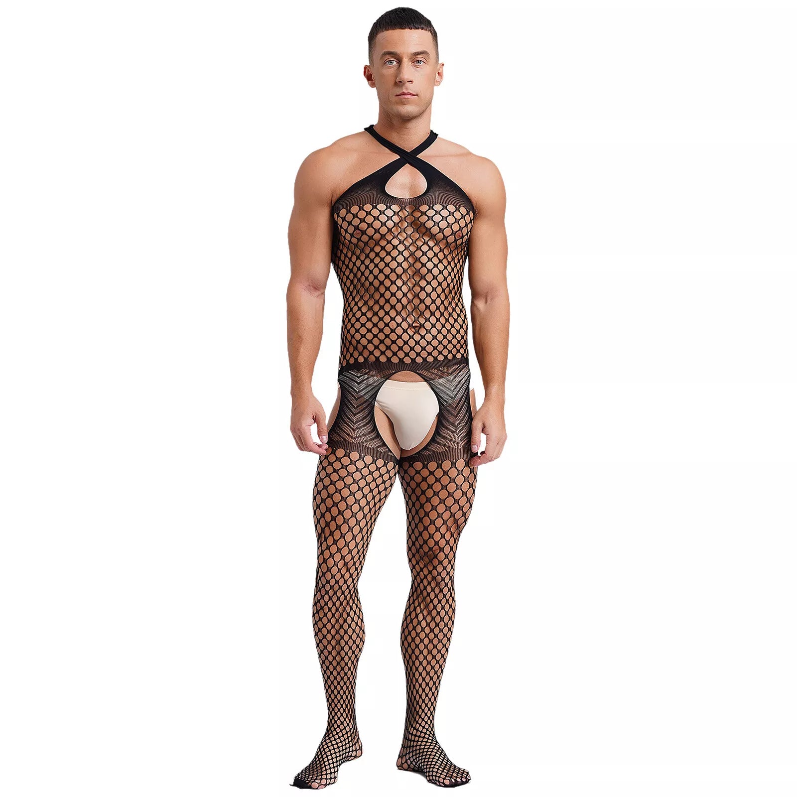 sexy man in black halter fishnet bodystocking, open chest and high-cut fit, defined torso and legs – pridevoyageshop.com – gay men’s harness, lingerie and fetish wear

